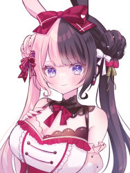 Rule 34 | 1girl, blue eyes, blush, bow, breasts, brown hair, cleavage, corset, detached sleeves, double bun, food-themed hair ornament, hair bow, hair bun, hair ornament, hand on own chest, highres, hoshizaki nagi, iris black games, long hair, looking at viewer, medium breasts, multicolored hair, nail polish, pink hair, portrait, red bow, red corset, red nails, simple background, smile, solo, split-color hair, strawberry hair ornament, tachibana hinano (vtuber), twintails, two-tone hair, virtual youtuber, vspo!, white background, white bow