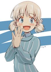 Rule 34 | 1girl, absurdres, aki (girls und panzer), artist name, blue shirt, dress shirt, girls und panzer, green eyes, hair tie, highres, keizoku school uniform, kuroneko douji, light blush, light brown hair, long sleeves, looking at viewer, low twintails, open mouth, own hands together, school uniform, shirt, short hair, short twintails, signature, smile, solo, striped clothes, striped shirt, twintails, upper body, vertical-striped clothes, vertical-striped shirt, white background, white shirt, wing collar