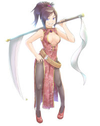 Rule 34 | 1girl, bad id, bad pixiv id, belt, belt skirt, black hair, blue eyes, blush, breasts, brown hair, center opening, china dress, chinese clothes, cleavage, cleavage cutout, clothing cutout, curry fuumi, dress, flag, grin, hair bobbles, hair ornament, hair up, hand on own hip, long hair, medium breasts, mizuoka (curry), no bra, original, pantyhose, ponytail, purple eyes, scythe, side slit, smile, solo, standing, weapon