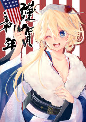 Rule 34 | 10s, 1girl, ;d, ahoge, alternate costume, alternate hairstyle, american flag, blonde hair, blue eyes, breasts, cleavage, collarbone, fingernails, flag background, flag print, flower, hagoita, hair between eyes, hair flower, hair ornament, hand fan, hand on own chest, highres, iowa (kancolle), japanese clothes, kantai collection, kimono, large breasts, looking at viewer, multicolored clothes, multicolored kimono, obiwan, one eye closed, open mouth, paddle, paper fan, sash, smile, solo, star-shaped pupils, star (symbol), striped background, striped clothes, striped kimono, symbol-shaped pupils, translated, united states, vertical stripes, wide sleeves