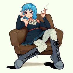 Rule 34 | 1girl, artist name, bare shoulders, blue dress, blue hair, boots, couch, dress, highres, looking at viewer, on couch, ramona flowers, scott pilgrim (series), short hair, sitting, skull, smoking, solo, white background, yuyu uu27