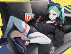 Rule 34 | 1girl, artificial eye, beruko14, black bra, black jacket, black panties, bottle, bra, breasts, colored sclera, colored skin, couch, cup, cyberpunk (series), cyberpunk edgerunners, cyborg, disposable cup, food, green hair, highres, jacket, leg tattoo, legs, long sleeves, lying, mechanical eye, neck tattoo, on back, on couch, panties, partially unzipped, pink tattoo, popcorn, rebecca (cyberpunk), red eyes, red pupils, red sclera, samurai jacket (cyberpunk), small breasts, solo, spread legs, tattoo, twintails, underwear, white skin