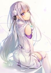 Rule 34 | 10s, 1girl, bare shoulders, black ribbon, blush, braid, closed mouth, detached sleeves, dress, elf, emilia (re:zero), flower, from behind, from side, hair flower, hair ornament, hair ribbon, long hair, looking at viewer, looking back, low-tied long hair, pointy ears, purple eyes, re:zero kara hajimeru isekai seikatsu, ribbon, short dress, silver hair, sitting, smile, solo, thighhighs, very long hair, white dress, white thighhighs, wingheart