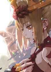 Rule 34 | 1girl, backlighting, bare shoulders, blonde hair, close-up, crown, dress, expressionless, facial mark, fate/grand order, fate (series), gem, highres, kdm (ke dama), nero claudius (fate), nero claudius (fate) (all), parted lips, profile, queen draco (fate), red dress, red eyes, red nails, sidelocks, solo, water drop