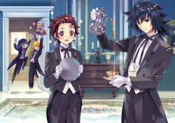 Rule 34 | 4boys, agatsuma zenitsu, bad id, bad pixiv id, black coat, black pants, blonde hair, blouse, blue eyes, blue hair, blush, butler, candle, carnelian, carpet, coat, commentary request, cup, cupboard, dark blue hair, door, earrings, flower, gloves, green eyes, hair between eyes, hashibira inosuke, holding, holding cup, holding plate, holding teapot, indoors, jewelry, jumping, kamado tanjirou, kimetsu no yaiba, medium hair, multiple boys, neck ribbon, open mouth, outstretched arms, pants, plate, pointy hair, pouring, red eyes, red hair, ribbon, rose, scone, shirt, short hair, sparkle, tailcoat, teapot, tomioka giyuu, vase, wall, white gloves, white shirt