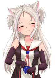 Rule 34 | 1girl, :3, american flag neckwear, animal ears, azur lane, between breasts, black gloves, black vest, blush, breasts, cat ears, cat girl, closed eyes, commentary request, curly hair, dedorudy, dress, elbow gloves, facing viewer, fingerless gloves, gloves, hands up, happy, highres, long hair, medium breasts, necktie, necktie between breasts, open clothes, open vest, sims (azur lane), sleeveless, sleeveless dress, small breasts, smile, solo, unzipped, very long hair, vest, white dress, white hair, wrist cuffs