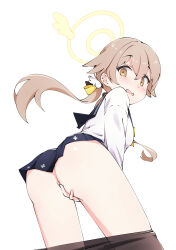Rule 34 | 1girl, absurdres, ass, blue archive, brown hair, from behind, halo, hifumi (blue archive), highres, komasi, long hair, long sleeves, looking at viewer, low twintails, open mouth, school uniform, shirt, simple background, solo, twintails, white background, white shirt, yellow eyes, yellow halo