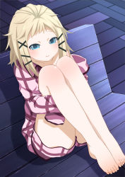 Rule 34 | 10s, 1girl, barefoot, bench, black bullet, blonde hair, blue eyes, dooru (second my 1d), feet, legs, long sleeves, looking at viewer, pajamas, second my 1d, short hair, shorts, sitting, sleeves past wrists, smile, solo, tina sprout