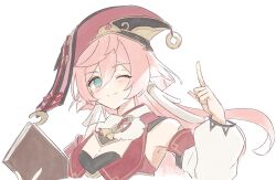 Rule 34 | 1girl, antlers, aqua eyes, bare shoulders, book, breasts, cleavage, crop top, detached sleeves, genshin impact, hair between eyes, hat, holding, holding book, horns, long hair, looking at viewer, one eye closed, pink hair, red hat, shirase (shirose), simple background, small breasts, solo, upper body, white background, yanfei (genshin impact)