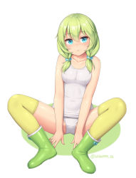 Rule 34 | 1girl, bare arms, bare shoulders, blue eyes, boots, closed mouth, covered navel, full body, green footwear, kaeru (sasaame), looking at viewer, low twintails, one-piece swimsuit, original, rubber boots, sasaame, school swimsuit, sitting, solo, spread legs, swimsuit, thighhighs, twintails, twitter username, white background, white one-piece swimsuit, yellow thighhighs