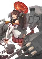 Rule 34 | 10s, 1girl, absurdres, breasts, brown eyes, brown hair, cherry blossoms, flower, hair ornament, highres, kantai collection, large breasts, long hair, looking at viewer, machinery, miniskirt, oil-paper umbrella, personification, pleated skirt, ponytail, shizuma yoshinori, skirt, solo, umbrella, very long hair, yamato (kancolle)