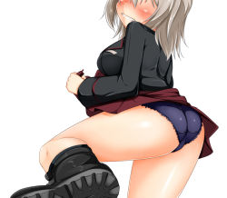 Rule 34 | 10s, 1girl, blue panties, blush, breasts, clothes lift, commentary request, from below, girls und panzer, grey hair, itsumi erika, kurokoshou (emuburemu123), lifting own clothes, long hair, long sleeves, medium breasts, military, military uniform, out of frame, panties, shoes, simple background, skirt, skirt lift, solo, underwear, uniform, white background
