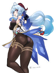 Rule 34 | 1girl, ahoge, ass, back, bare shoulders, bell, black gloves, black pantyhose, blue hair, blush, bodystocking, breasts, brown pantyhose, cowbell, detached sleeves, dress, ganyu (genshin impact), genshin impact, gloves, highres, horns, jewelry, large breasts, long hair, looking at viewer, looking back, open mouth, pantyhose, pendant, purple eyes, thighs, tooya daisuke, vision (genshin impact), white dress
