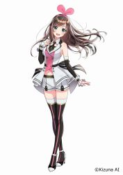 Rule 34 | 1girl, arm warmers, bare shoulders, black neckwear, black thighhighs, blouse, blush, bow, brown hair, buttons, character name, collared shirt, detached sleeves, dress, full body, green eyes, hair bow, hairband, hand on own chest, hand up, high heels, highres, kizuna ai, kizuna ai (elegant), kizuna ai inc., lace, lace-trimmed legwear, lace-trimmed shirt, lace-trimmed sleeves, lace trim, long hair, looking at viewer, midriff, midriff peek, morikura en, multicolored hair, navel, necktie, official art, open mouth, pink bow, pink hair, pink hairband, pink ribbon, ribbon, shirt, short shorts, shorts, simple background, sleeveless, sleeveless dress, sleeveless shirt, smile, standing, swept bangs, thighhighs, virtual youtuber, white background