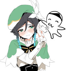 Rule 34 | 1boy, androgynous, beret, black hair, blue hair, blush, bow, braid, closed mouth, collared cape, collared shirt, commentary, commentary request, corset, english commentary, flower, frilled sleeves, frills, genshin impact, gradient hair, green eyes, green hat, hair flower, hair ornament, hat, highres, kkopoli, leaf, long sleeves, male focus, mixed-language commentary, multicolored hair, shirt, short hair with long locks, side braids, sidelocks, simple background, solo, sweatdrop, twin braids, venti (genshin impact), white background, white flower, white shirt