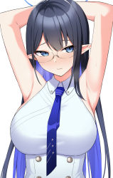 Rule 34 | 1girl, armpits, arms behind head, arms up, bad id, bad twitter id, black hair, blue archive, blue eyes, blue hair, blue necktie, blush, breasts, collared shirt, colored inner hair, glasses, halo, heavy breathing, highres, large breasts, long hair, multicolored hair, necktie, pointy ears, rin (blue archive), shirt, sleeveless, solo, tennen inari