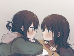 Rule 34 | 2girls, black hair, blush, brown hair, chinese commentary, closed mouth, commentary request, desk, eye contact, grey background, hood, hood down, inuko (ink0425), jacket, long sleeves, looking at another, mechanical pencil, multiple girls, notebook, original, paper, pencil, profile, school desk, short ponytail, simple background, upper body, yuri