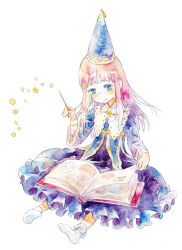 Rule 34 | 1girl, :o, blue dress, blunt bangs, book, commentary request, dress, frilled dress, frills, full body, grimoire, hand up, hat, holding, holding wand, long hair, moekon, open book, original, painting (medium), parted lips, pink hair, simple background, sitting, socks, star (symbol), traditional media, turning page, wand, watercolor (medium), white background, white socks, witch, wizard hat