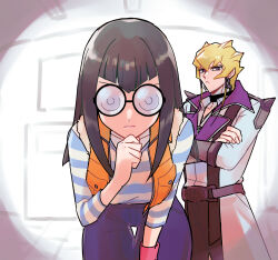 Rule 34 | 1boy, 1girl, black hair, blonde hair, carly nagisa, closed mouth, coke-bottle glasses, commentary request, crossed arms, dangle earrings, earrings, glasses, hand on own chin, highres, ishinonono, jack atlas, jewelry, long hair, pants, purple eyes, round eyewear, shirt, spiked hair, standing, striped clothes, striped shirt, thinking, yu-gi-oh!, yu-gi-oh! 5d&#039;s