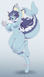 Rule 34 | 1girl, absurdres, blue eyes, blue hair, blue skin, blush, breasts, cleft of venus, colored skin, creatures (company), digitigrade, female focus, fins, fish tail, furry, furry female, game freak, gen 1 pokemon, highres, long hair, navel, nintendo, nipples, one eye closed, pawpads, pinkipu, pokemon, pokemon (creature), pussy, smile, solo, swimsuit, tail, vaporeon