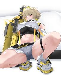 Rule 34 | 1girl, absurdres, adult aongly, ahoge, black gloves, black sports bra, blonde hair, blush, breasts, clothing cutout, crop top, crop top overhang, cropped sweater, curvy, elegg (nikke), exposed pocket, gloves, goddess of victory: nikke, grey shorts, hair intakes, hair over eyes, highres, holding, holding weapon, large breasts, long bangs, long sleeves, looking at viewer, micro shorts, multicolored clothes, multicolored gloves, multicolored hair, navel, purple eyes, short hair, shorts, shoulder cutout, solo, sports bra, spread legs, squatting, suspender shorts, suspenders, thick thighs, thigh strap, thighs, two-tone hair, weapon, wide hips, yellow gloves