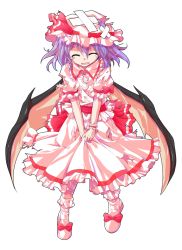 Rule 34 | 1girl, alphes (style), bat wings, blue hair, bow, dairi, dress, closed eyes, fang, frilled dress, frills, full body, hat, hat bow, open mouth, parody, red bow, red ribbon, remilia scarlet, ribbon, short hair, solo, style parody, tears, torn clothes, touhou, transparent background, wings