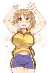 Rule 34 | 10s, 1girl, 7010, basketball uniform, blush, bouncing breasts, breasts, brown eyes, brown hair, covered erect nipples, flower, hair flower, hair ornament, idolmaster, idolmaster cinderella girls, large breasts, looking at viewer, mimura kanako, open mouth, short hair, shorts, simple background, solo, sportswear, sweat, tired, white background
