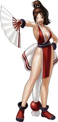 Rule 34 | 1girl, armpits, backless outfit, bead, breasts, brown hair, center opening, fatal fury, folding fan, full body, hand fan, highres, large breasts, legs, long hair, ninja, official art, ogura eisuke, one eye closed, pelvic curtain, ponytail, revealing clothes, shiranui mai, sideboob, simple background, solo, tabi, the king of fighters, the king of fighters xiii, white background