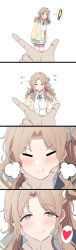 Rule 34 | !, 1boy, 1girl, 4koma, :o, :t, = =, arimon (dfrgty12), blush, cardigan, chin on palm challenge, comic, hand on another&#039;s chin, heart, hetero, highres, ichikawa hinana, idolmaster, idolmaster shiny colors, looking at viewer, pov, pov hands, running, school uniform, silent comic, simple background, smile, snoot challenge, spoken exclamation mark, spoken heart, white background, yellow cardigan