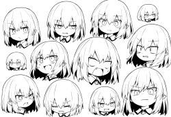 Rule 34 | 1girl, blank eyes, blush, brooch, commentary request, expressions, closed eyes, face, fang, greyscale, grimace, highres, jewelry, lineart, monochrome, multiple views, oninamako, open mouth, pointy ears, remilia scarlet, short hair, simple background, slit pupils, smile, sweatdrop, touhou, white background