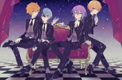 Rule 34 | 4boys, aoyagi touya, arm up, black footwear, black jacket, black neckwear, black pants, blue hair, butler, buttons, checkered floor, commentary, constellation, couch, curtains, expressionless, finger to mouth, formal, full body, gloves, gradient background, grey eyes, grey vest, hand on lap, hand on own chin, jacket, kamishiro rui, leaning on object, looking at viewer, multicolored hair, multiple boys, necktie, open mouth, orange hair, pants, project sekai, purple hair, shinonome akito, short hair, sitting, smile, socks, split-color hair, streaked hair, tenma tsukasa, two-tone hair, vest, white gloves, white legwear, yellow eyes, yoshiki