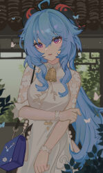 Rule 34 | 1girl, absurdres, ahoge, ai dongdong, bag, blue hair, commentary request, dress, ganyu (genshin impact), ganyu (heytea) (genshin impact), genshin impact, handbag, highres, horns, long hair, looking at viewer, parted lips, purple eyes, short sleeves, solo, upper body, very long hair, white dress