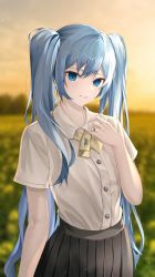 Rule 34 | 1girl, absurdres, bare arms, blue eyes, blue hair, blurry, blurry background, collared shirt, dress shirt, field, flower, flower field, grey skirt, hair between eyes, hatsune miku, highres, hwa n01, jewelry, long hair, neck ribbon, outdoors, parted lips, pleated skirt, ribbon, ring, shirt, skirt, smile, solo, twintails, very long hair, vocaloid, white shirt, wing collar, yellow ribbon