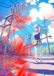 Rule 34 | 1girl, adjusting hair, aqua hair, arm up, armpits, bare shoulders, breasts, cloud, day, grass, halftone, highres, horizon, instrument, long hair, lute (instrument), navel, ocean, original, parted lips, pomodorosa, power lines, road, sandals, sanshin, see-through, shade, shorts, sky, small breasts, solo, standing, sunlight, utility pole, wind