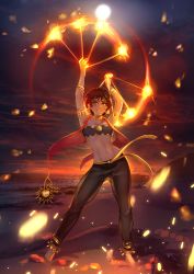Rule 34 | 1girl, afterimage, anklet, armlet, arms up, artist logo, bandeau, barefoot, beach, breasts, brown hair, cherry in the sun, choker, cloud, cloudy sky, commission, contrapposto, dancer, dusk, earrings, embers, facial mark, fire, full body, harem pants, horizon, jewelry, legs apart, looking at viewer, midriff, motion blur, navel, ocean, original, outdoors, pants, parted lips, poi (object), red eyes, sand, sash, see-through, short hair, sky, smile, solo, standing, strapless