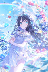 Rule 34 | 1girl, :o, bare shoulders, black hair, blue eyes, blue flower, blue hair, blue sky, braid, cloud, commentary request, day, dress, flower, hair flower, hair ornament, highres, holding, holding umbrella, long hair, off-shoulder dress, off shoulder, onineko, original, outdoors, parted lips, rainbow, red flower, red rose, rose, sky, solo, transparent, umbrella, very long hair, water, white dress, white flower, yellow flower