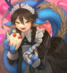Rule 34 | 1boy, ahoge, androgynous, animal ears, animal hands, antlers, apron, balloon, bifuteki (bi futeki), black dress, blue scales, bow, braid, brown hair, cake, claws, collared dress, crossdressing, dragon boy, dragon tail, dress, fangs, food, food on face, frilled apron, frills, fruit, hair between eyes, hair bow, hand up, heart, heart balloon, highres, holding, holding cake, holding food, horns, juliet sleeves, long sleeves, looking at viewer, low twintails, maid, maid apron, maid headdress, male focus, monster boy, open mouth, original, pink background, puffy sleeves, scales, sidelocks, sleeve cuffs, smile, solo, strawberry, strawberry shortcake, tail, tail bow, tail ornament, trap, twintails, upper body, yellow eyes