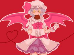 Rule 34 | 1girl, bat wings, candy, chocolate, chocolate heart, eating, female focus, food, frills, gloves, hat, heart, highres, looking at viewer, meiji (charisma serve), mouth hold, pointing, pointy ears, red background, remilia scarlet, ribbon, short sleeves, simple background, solo, touhou, valentine, wings, yellow eyes