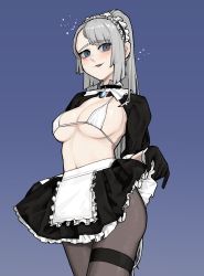 Rule 34 | 1girl, absurdres, apron, bikini, bikini top only, black gloves, black pantyhose, black skirt, blue background, blue eyes, borrowed character, breasts, frilled apron, frills, glint, gloves, grey hair, highres, large breasts, long hair, long sleeves, maid, maid (gogalking), maid apron, maid headdress, original, pantyhose, parted lips, ponytail, rusellunt, skirt, smile, solo, swimsuit, very long hair, waist apron, white apron, white bikini