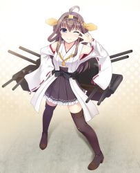 Rule 34 | 10s, 1girl, ahoge, bad id, bad pixiv id, bare shoulders, black thighhighs, boots, brown hair, crossed legs, detached sleeves, double bun, hair bun, hair ornament, hairband, hand on own hip, headgear, japanese clothes, kantai collection, kongou (kancolle), long hair, looking at viewer, personification, purple eyes, sitting, skirt, solo, thigh boots, thighhighs, totokichi, v over eye, white background, wide sleeves, zettai ryouiki