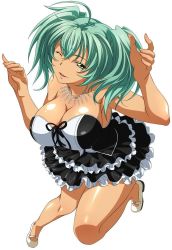 Rule 34 | 00s, 1girl, breasts, dark-skinned female, dark skin, dress, female focus, green eyes, green hair, ikkitousen, jewelry, large breasts, looking at viewer, matching hair/eyes, necklace, official art, one eye closed, ryofu housen, simple background, smile, solo, standing, twintails, white background, wink