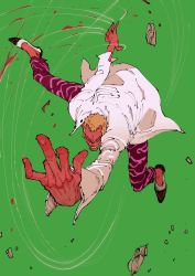 Rule 34 | 1boy, acrobatics, attack, blonde hair, blood, coat, devil fruit, donquixote doflamingo, earrings, evil smile, full body, green background, grin, highres, jewelry, jumping, long sleeves, looking at viewer, middle finger, one piece, open clothes, open shirt, oshiri ke, short hair, simple background, smile, solo, string, sunglasses