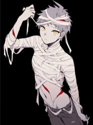 Rule 34 | 1boy, ahoge, amido (compassion273), arm at side, arm up, bandages, black background, brown eyes, brown hair, closed mouth, danganronpa (series), danganronpa 2: goodbye despair, highres, hinata hajime, looking at viewer, male focus, mummy costume, navel, pants, scar, short hair, solo, stitches, stomach, torn clothes, torn pants