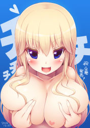 Rule 34 | 1girl, bad id, bad pixiv id, blonde hair, blue background, blue eyes, breasts, collarbone, covering nipples, covering privates, dated, heart, heart-shaped pupils, large breasts, long hair, morita (moritania), revision, simple background, solo, symbol-shaped pupils, translation request