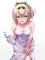 Rule 34 | 1girl, absurdres, blonde hair, blue eyes, blush, bottle, breasts, crossed bangs, dress, hair between eyes, highres, holding, holding bottle, hololive, kazama iroha, leaning forward, looking at viewer, medium breasts, open mouth, ponytail, simple background, solo, sundress, tmo-cat, virtual youtuber, water bottle, white background, white dress