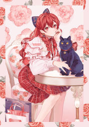 Rule 34 | 1girl, animal, braid, cat, closed mouth, commission, floral background, floral print, hair between eyes, highres, long hair, long sleeves, looking at viewer, mege (megechan), nail polish, on chair, original, red eyes, red hair, red nails, sitting, skeb commission, smile, solo, watermark