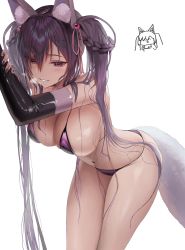 Rule 34 | 1girl, animal ear fluff, animal ears, annie (destiny child), arched back, armpits, arms up, bare shoulders, bent over, bikini, black bikini, black gloves, blush, braid, braided hair rings, breasts, cleavage, cowboy shot, destiny child, elbow gloves, fingerless gloves, fox ears, fox girl, fox tail, gloves, groin, hair between eyes, hair ornament, hair ribbon, hair rings, highres, large breasts, latex, latex gloves, leaning forward, long hair, looking at viewer, myabit, nail polish, navel, open mouth, parted lips, purple bikini, purple eyes, purple hair, purple nails, ribbon, side-tie bikini bottom, side braid, sidelocks, signature, simple background, skindentation, smile, solo, stomach, string bikini, swimsuit, tail, thighs, twintails, very long hair, white background