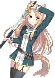 Rule 34 | 1girl, animal ears, arm up, black thighhighs, blonde hair, blue eyes, blush, breasts, closed mouth, commentary request, dress, dutch angle, green dress, hajime kaname, highres, holding, holding sheath, holding sword, holding weapon, long hair, long sleeves, medium breasts, original, sheath, simple background, smile, solo, sword, tail, thighhighs, unsheathing, very long hair, weapon, white background