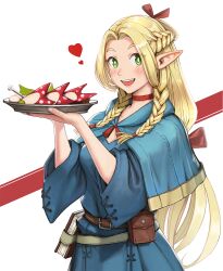 Rule 34 | 1girl, belt, belt pouch, blonde hair, blue capelet, blue robe, book, braid, bs9999s, capelet, dungeon meshi, elf, food, heart, highres, holding, holding tray, hood, hooded capelet, marcille donato, multiple braids, open mouth, pointy ears, pouch, robe, solo, tray