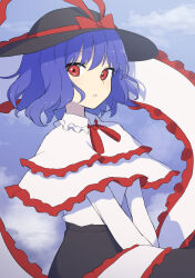 Rule 34 | 144udy, 1girl, absurdres, black hat, black skirt, blue hair, bow, capelet, cloud, commentary, frilled capelet, frills, hat, hat bow, highres, long sleeves, looking at viewer, nagae iku, outdoors, purple hair, red bow, red eyes, shirt, short hair, skirt, solo, touhou, white capelet, white shirt
